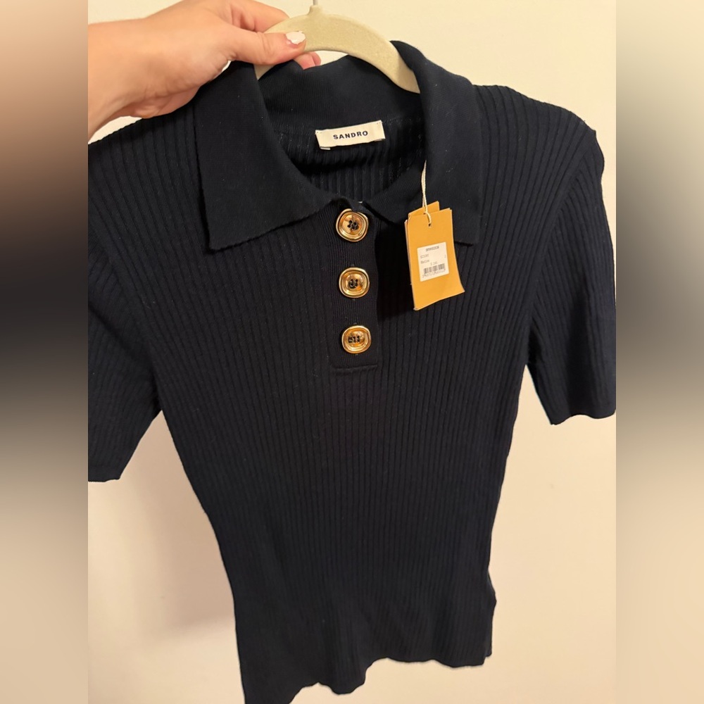 NWT Sandro Polo Neck Navy Ory Sweater with Gold Buttons Size 2 (Medium) - Picture 6 of 8